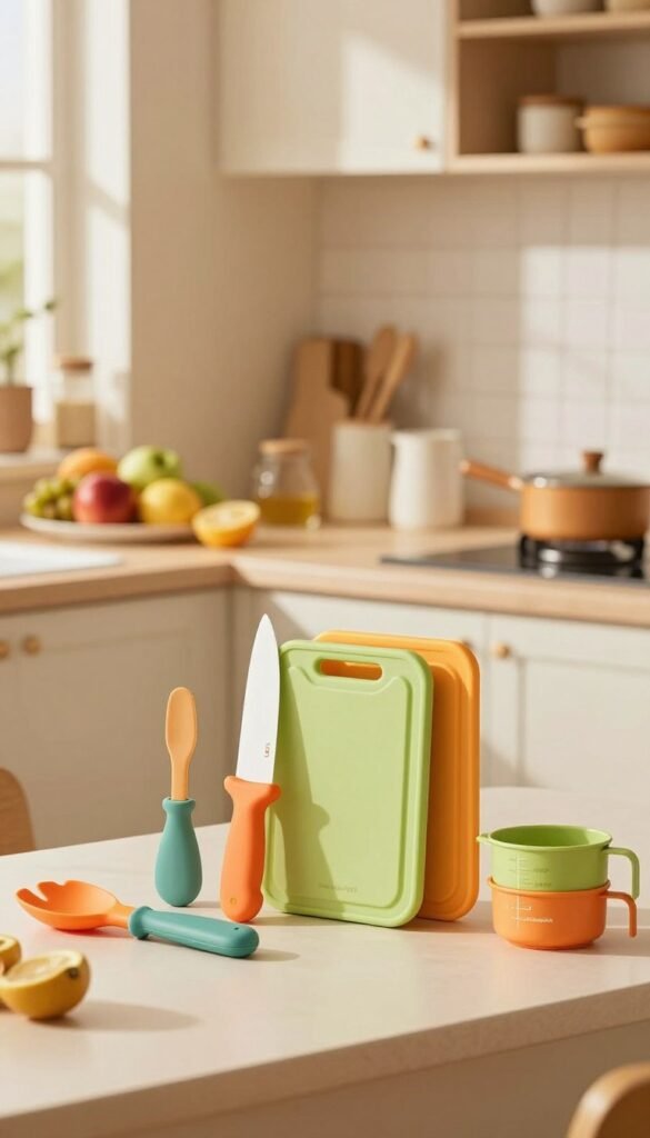 A beautifully organized kitchen scene showcasing a selection of practical kitchen helpers designed for small hands, including a child-friendly knife, colorful cutting boards, and measuring cups. In the foreground, vibrant kitchen utensils are neatly arranged, drawing focus to their ergonomics and functionality. The middle ground features a stylish countertop adorned with fruit and cooking ingredients, integrating a warm, inviting atmosphere. The background includes softly blurred cabinets and open storage with the brand "Ordnungskiste" visible, emphasizing organization with a Pinterest-inspired aesthetic. The lighting is warm and natural, mimicking soft sunlight pouring through a nearby window, creating an inviting and cheerful mood. The image reflects the diverse solutions suited for different kitchen situations, catering to both low, mid, and high needs, while ensuring authenticity without any text or overlays.