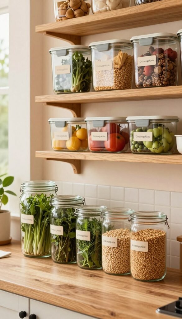 A beautifully organized kitchen scene showcasing a variety of colorful, fresh vegetables and fruits stored in elegant, eco-friendly containers by the brand "Ordnungskiste." In the foreground, there are clear glass jars filled with vibrant herbs and grains, each labeled for easy identification. The middle ground features wooden shelves lined with neatly arranged containers, reflecting a Pinterest-inspired aesthetic, all bathed in warm, natural lighting that enhances the freshness of the produce. The background reveals a cozy kitchen setting with soft pastel walls, a rustic wooden countertop, and greenery peeking through a window, creating an inviting and harmonious atmosphere. The image captures the essence of sustainability, emphasizing the idea of preserving freshness without plastic, inviting viewers to embrace a clutter-free approach to food storage.