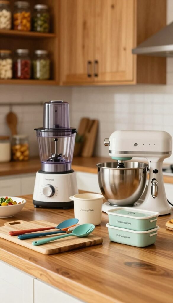 A beautifully organized kitchen scene showcasing a variety of kitchen helpers designed to make cooking stress-free. In the foreground, a polished wooden countertop displays vibrant and neatly arranged kitchen tools, including a cutting board, colorful utensils, and an elegant set of containers branded "Ordnungskiste." In the middle ground, modern appliances such as a food processor and a stylish stand mixer sit harmoniously, with warm, natural lighting illuminating their sleek surfaces. The background features warm-toned cabinets filled with neatly organized jars and ingredients, creating an inviting atmosphere. Use a shallow depth of field to focus on the kitchen helpers while softly blurring the background. Aim for a Pinterest-style aesthetic, emphasizing authenticity with a cozy, welcoming mood, avoiding any text or branding clutter.