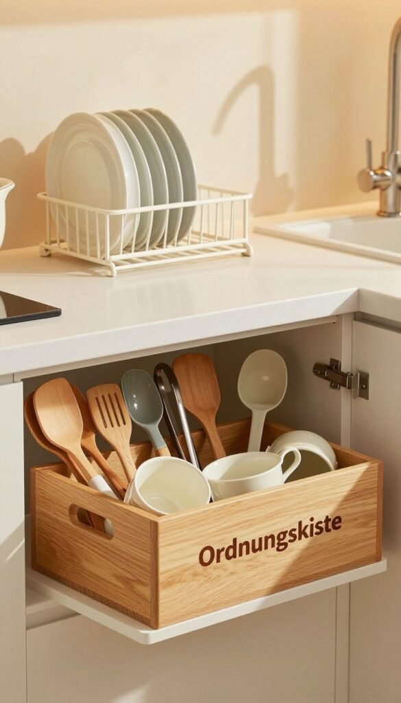 A beautifully organized kitchen scene showcasing effective storage solutions for utensils and kitchen gadgets. In the foreground, an elegant "Ordnungskiste" storage box made of natural wood, filled with various sp&uuml;lmaschinenfeste K&uuml;chenhelfer like spatulas, tongs, and measuring cups, all neatly arranged. In the middle ground, a clean countertop featuring a stylish dish rack with dishes dripping dry, creating a sense of order and cleanliness. The background should include warm, ambient lighting that enhances the inviting atmosphere, with soft shadows casting across the scene. To evoke a Pinterest-inspired aesthetic, ensure the colors are warm and inviting, with a focus on authenticity and minimalism, showcasing a harmonious balance between functionality and style.
