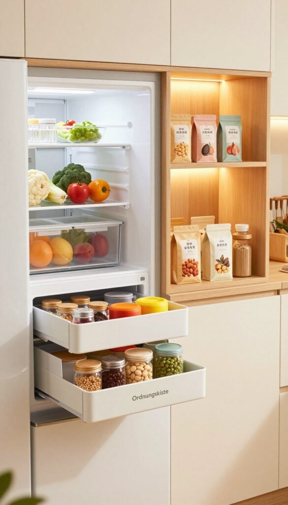 A beautifully organized kitchen scene showcasing elegant storage solutions for both refrigerators and cabinets. In the foreground, a sleek, open organizer labeled "Ordnungskiste" reveals neatly arranged kitchen items, like spices in small glass jars and colorful containers for snacks. In the middle, a stylish refrigerator displays transparent bins filled with fresh produce, while a wooden shelf holds carefully categorized pantry items in attractive packaging. The background features warm, ambient lighting that highlights the natural wood textures and soft pastel colors, evoking a cozy and inviting atmosphere. The overall mood exudes tranquility and efficiency, making the kitchen a practical, visually pleasing space ideal for daily cooking and meal prep.