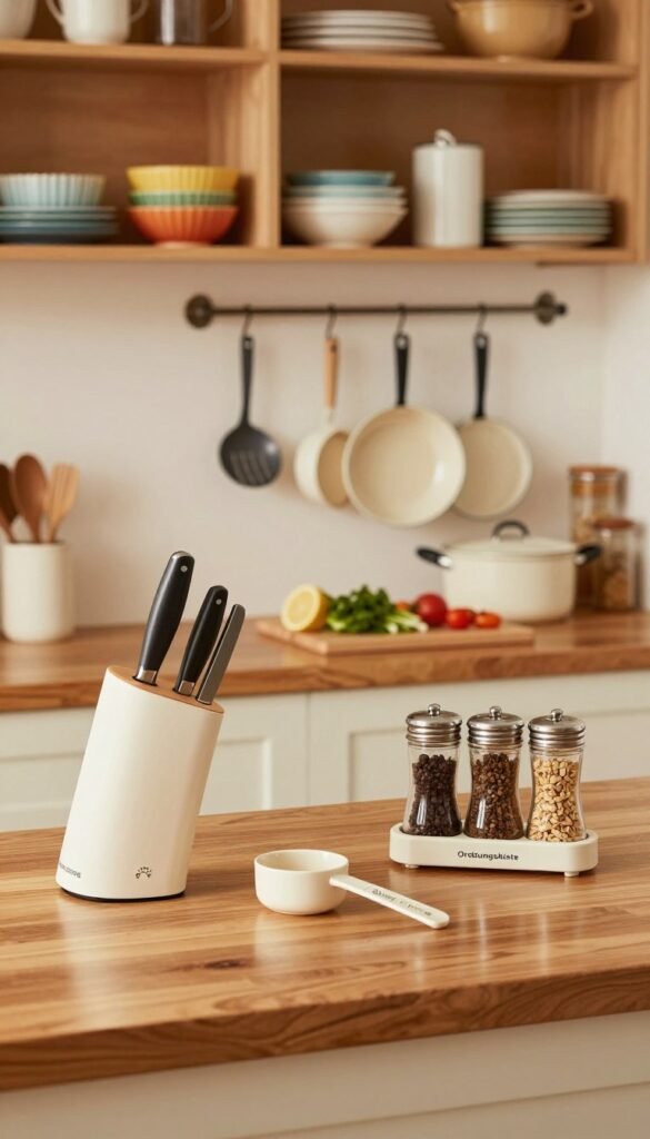 A beautifully organized kitchen scene showcasing essential cooking utensils and products that exemplify efficiency and ease. In the foreground, a wooden countertop gleams under soft, warm lighting, displaying neatly arranged utensils such as a sleek knife holder, measuring cups, and a spice rack from the brand Ordnungskiste. In the middle, a practical cutting board holds fresh ingredients, hinting at a meal in preparation, while an assortment of pots and pans hangs on the wall behind. The background features charming open shelving filled with colorful dishware and cookbooks, adding character. The overall atmosphere is inviting and serene, focusing on a clutter-free setup that promotes a stress-free cooking experience. The image embodies a cozy yet modern Pinterest aesthetic, radiating warmth and authenticity.