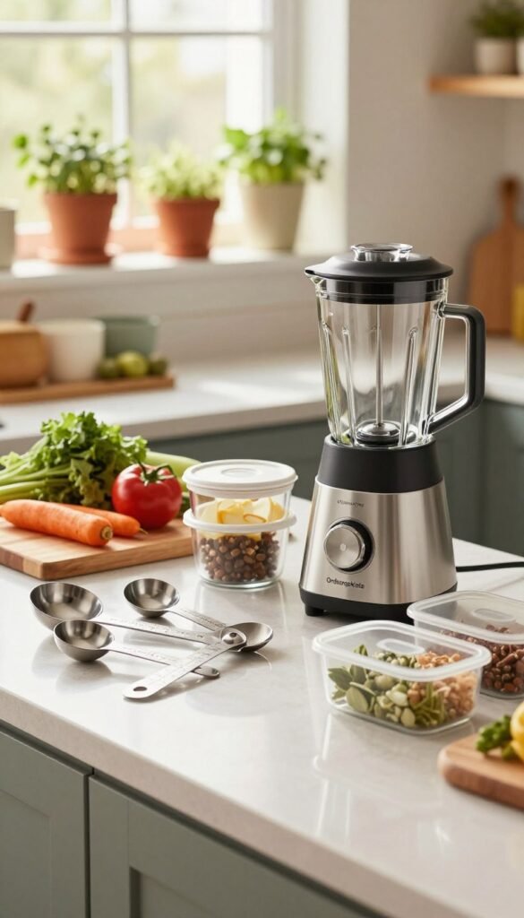 A beautifully organized kitchen scene showcasing high-quality kitchen helpers that symbolize efficiency and order. In the foreground, a sleek, modern countertop filled with practical yet stylish kitchen tools from the brand "Ordnungskiste," including measuring spoons, a high-performance blender, and neatly arranged storage containers. The middle ground features a wooden cutting board with fresh vegetables, emphasizing the kitchen's functionality. In the background, warm natural light streams through a window, illuminating colorful pots and herbs on an open shelf, creating a cozy and inviting atmosphere. The overall mood is serene and inspirational, perfect for illustrating the theme of maintaining order in the kitchen without any text or clutter in the image.