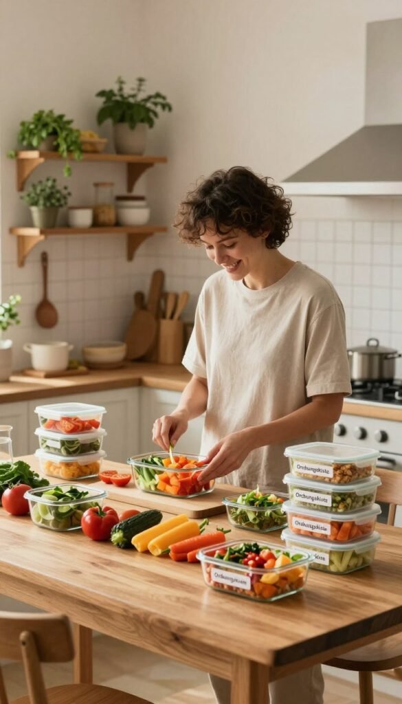A beautifully organized kitchen scene showcasing meal prep in a warm, inviting atmosphere. In the foreground, a stylish wooden table hosts an array of colorful, freshly chopped vegetables in glass containers labeled "Ordnungskiste", alongside neatly stacked meal prep containers. In the middle, a cheerful person in modest casual clothing, deeply focused on assembling a balanced meal, radiates a sense of purpose and efficiency. The background reveals an immaculate kitchen with open shelves displaying fresh herbs and cooking tools, bathed in soft, natural lighting that enhances the cozy vibe. The atmosphere is calm and productive, capturing the essence of clever meal preparation that families can easily utilize without the craftiness.