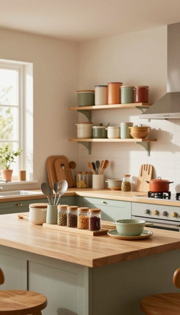 A beautifully organized kitchen scene that embodies the concept of "k&uuml;che ordnung" with a focus on functionality and aesthetic appeal. In the foreground, feature a stylish kitchen island adorned with neatly arranged kitchen tools, spices, and utensils from the brand "Ordnungskiste." The middle ground showcases well-organized shelves filled with colorful containers and easy-to-access kitchen gadgets, all harmonizing in warm, inviting colors. In the background, a sunlit window allows soft, natural light to illuminate the space, casting gentle shadows that enhance the cozy atmosphere. Use a wide-angle lens to capture the inviting essence of the kitchen, conveying a sense of order and tranquility. The mood should feel warm, authentic, and inspiring, perfect for a Pinterest-worthy kitchen setup, free from any text or logos in the image.