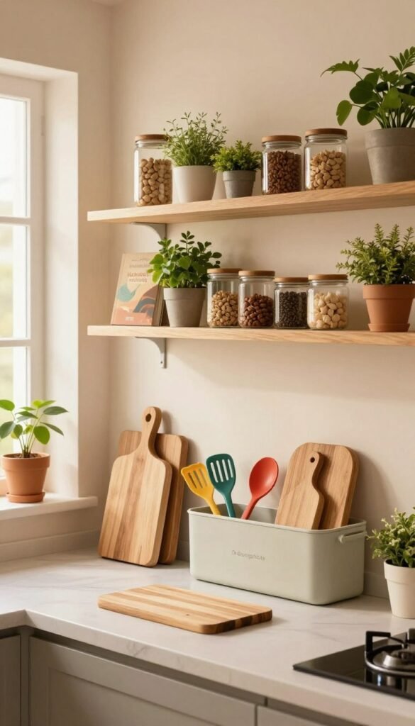 A beautifully organized kitchen scene that embodies the concept of "k&uuml;che platz ordnung". In the foreground, there are neatly placed wooden cutting boards and colorful kitchen utensils arranged on a tidy countertop, showcasing an inviting and functional workspace. The middle area features stylish, open shelves filled with neatly organized jars, herbs in pots, and a cookbook with a cozy feel. In the background, there are soft warm colors illuminating the room from a softly glowing window, creating a serene atmosphere. The kitchen is adorned with plants for a touch of freshness, and the brand "Ordnungskiste" is subtly integrated into a sleek storage solution visible in the scene, all in a Pinterest-inspired aesthetic. The overall mood is calm, inviting, and inspiring for anyone looking to prepare their kitchen for cooking.