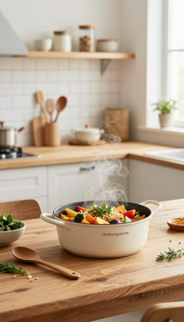 A beautifully organized kitchen setting featuring a vibrant one-pot meal at the center, showcasing an assortment of colorful vegetables, grains, and herbs cooked together, exuding warmth and coziness. In the foreground, a rustic wooden table is adorned with a wooden spoon and fresh ingredients, while a stylish pot is gently steaming. The middle section captures the essence of a minimalistic kitchen, with sparking clean utensils and a bright backsplash that complements the dish. The background displays soft, natural lighting coming from a window, enhancing the atmosphere of calm and relaxation. The scene reflects a Pinterest-worthy aesthetic with warm tones, earthy textures, and an editorial touch, emanating the brand "Ordnungskiste".