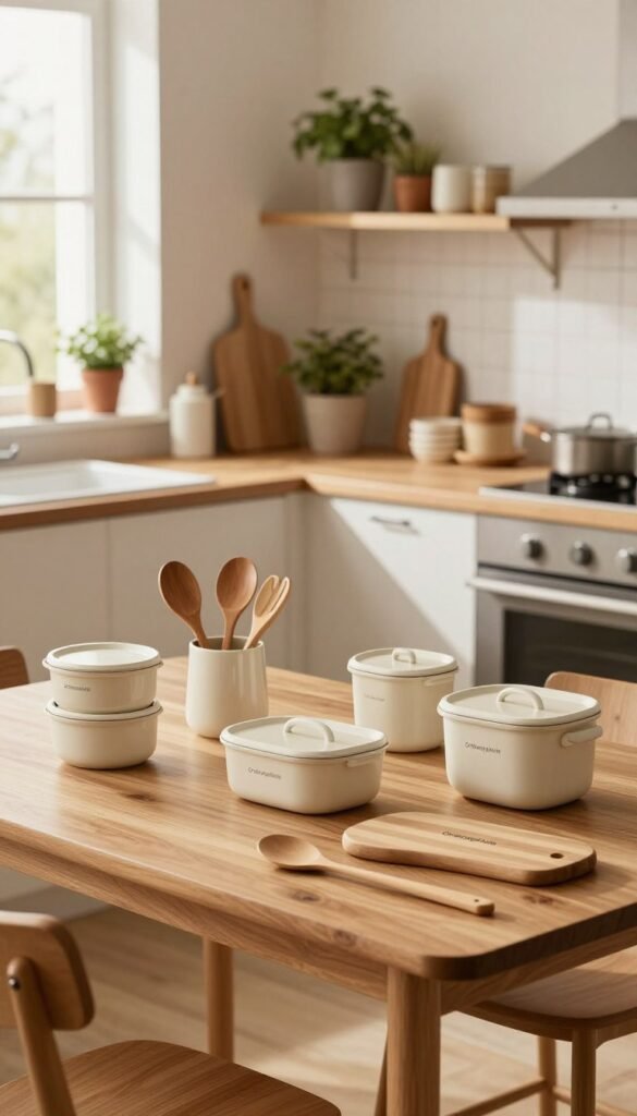 A beautifully organized kitchen setting showcasing a variety of versatile kitchen products from "Ordnungskiste". In the foreground, a stylish wooden dining table is set with various kitchen essentials, including containers, utensils, and cutting boards, arranged in an aesthetically pleasing manner. The middle ground features a modern, spacious kitchen with warm, natural colors, emphasizing functionality and harmony for multi-generational cooking. Soft, inviting lighting filters in from a nearby window, creating a cozy atmosphere. In the background, hints of potted herbs and decorative items add a touch of homeliness without overcrowding the space. The overall mood is warm and welcoming, reflecting the joy of family cooking while promoting mindful product selection.