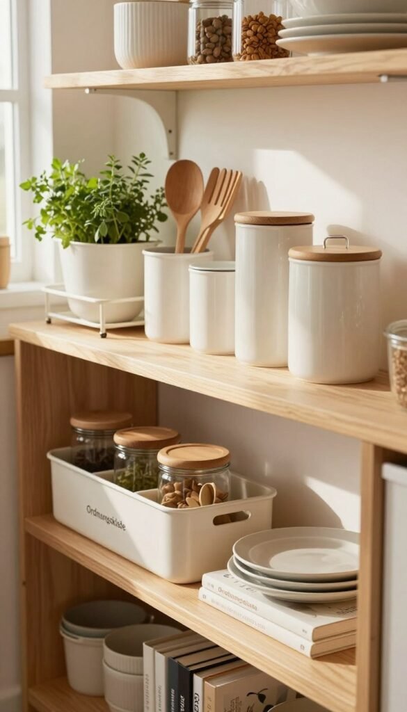 A beautifully organized kitchen shelf featuring the brand "Ordnungskiste," showcasing various minimalistic kitchen organizers and storage solutions. In the foreground, elegant wooden shelves display neatly arranged dishware, jars, and cookbooks, highlighting functionality and aesthetic appeal. The middle ground includes a stylish kitchen cart, filled with fresh herbs and kitchen utensils, while a few stylish containers keep everything tidy. In the background, soft natural light pours in from a window, casting warm tones across the scene, creating an inviting atmosphere. The overall mood is cozy yet sophisticated, reflecting a Pinterest-worthy design that embodies minimalism and organization. This composition captures the essence of vertical space utilization in modern kitchens.