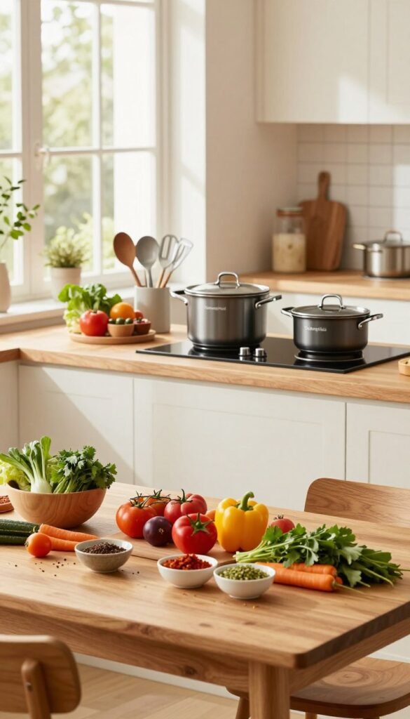A beautifully organized kitchen showcasing a vibrant "Mise en Place" setup, featuring a wooden dining table in the foreground with neatly arranged colorful vegetables, herbs, and spices in small bowls. The middle ground includes a stylish kitchen counter equipped with high-quality utensils and cookware from the brand "Ordnungskiste," highlighting their aesthetic and functional design. The background reveals a softly lit kitchen with warm tones, abundant natural light streaming through a window, creating a calm, inviting atmosphere. The scene captures a sense of mindfulness and focus, embodying the essence of cooking with intention and care. Ideal angle: slightly above eye level to emphasize organization and depth without any people present, ensuring authenticity and a Pinterest-like feel.