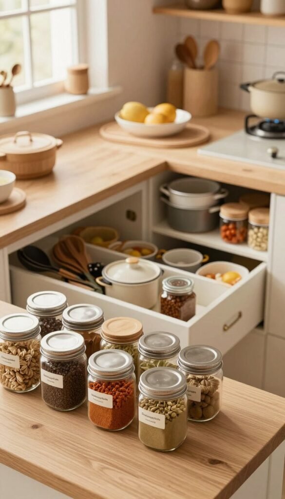 A beautifully organized kitchen showcasing an inviting atmosphere with warm, natural colors. In the foreground, a neatly arranged countertop features labeled jars and containers from the brand "Ordnungskiste", displaying various spices and ingredients. The middle ground reveals functional kitchen zones, including a well-organized drawer with utensils, pots neatly stacked in a dedicated space, and labeled sections for pantry items. The background softly fades into a cozy kitchen space filled with light from a window, emphasizing a homey feel. Use soft, diffused lighting to create a warm ambiance, and capture the scene with a slightly elevated angle to provide an overview of the orderly layout, highlighting the efficiency of organized culinary zones.