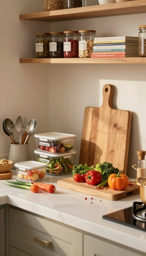 A beautifully organized kitchen, showcasing efficient kitchen organization techniques for home cooking. In the foreground, a tidy kitchen countertop features neatly arranged utensils, vibrant vegetables, and labeled storage containers with the brand name "Ordnungskiste". The middle section captures an elegant wooden chopping board with fresh ingredients prepared for cooking, emphasizing the mise en place concept. In the background, shelves are stocked with labeled jars and cookbooks, bathed in warm, soft natural light. The atmosphere is inviting, exuding a sense of calm and productivity, perfect for inspiring a streamlined cooking process. The scene should evoke a Pinterest-worthy aesthetic, filled with natural colors and an authentic feel, without any text or distractions.