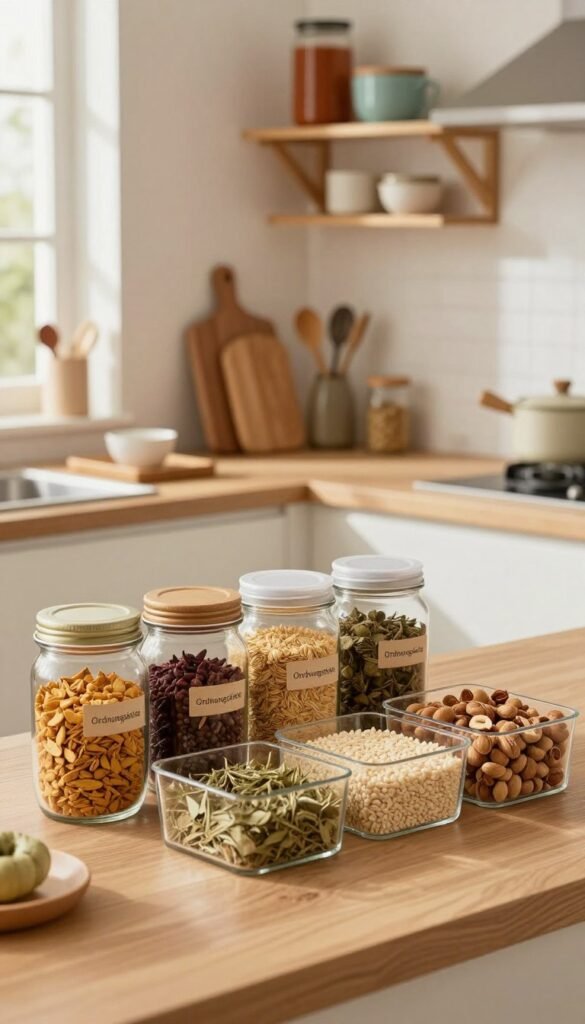 A beautifully organized kitchen showcasing efficient storage solutions, focusing on various containers labeled with "Ordnungskiste" for an authentic touch. In the foreground, elegant glass jars filled with colorful spices and dried herbs, alongside clear bins containing neatly arranged pantry staples like grains and nuts. The middle ground features a stylish countertop with a wooden cutting board and kitchen utensils, while an eye-catching wall shelf holds various kitchen items in harmonious colors. Soft, natural light filters in through a window, casting warm shadows and creating a cozy atmosphere. Utilize a shallow depth of field to emphasize the storage elements, evoking a Pinterest-worthy aesthetic. The overall scene should convey a sense of calm, order, and practicality without any text or distractions.