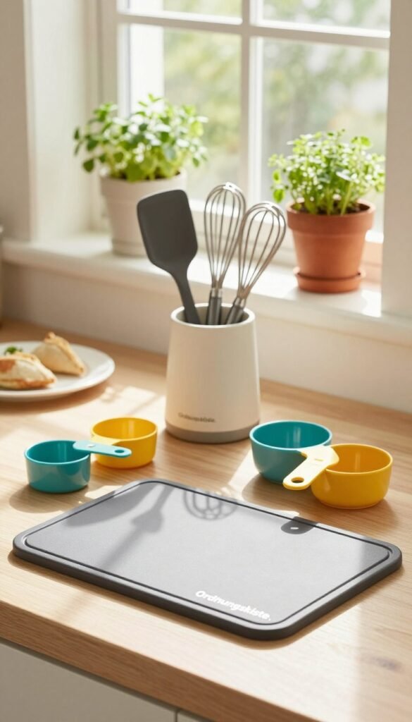 A beautifully organized kitchen showcasing practical kitchen helpers that are easy to clean, featuring products branded "Ordnungskiste." In the foreground, display a sleek, modern cutting board made of non-stick material alongside a colorful set of measuring cups, both exhibiting shiny surfaces and clean lines. The middle ground includes an attractively arranged utensil holder with spatulas and whisks, all designed for quick cleaning. In the background, a bright, sunlight-filled kitchen window reveals potted herbs, softening the scene with natural greens. The lighting is warm and inviting, casting gentle shadows that give depth to the objects. Aim for a Pinterest-worthy aesthetic that evokes organization and cleanliness, with a harmonious blend of colors and textures.