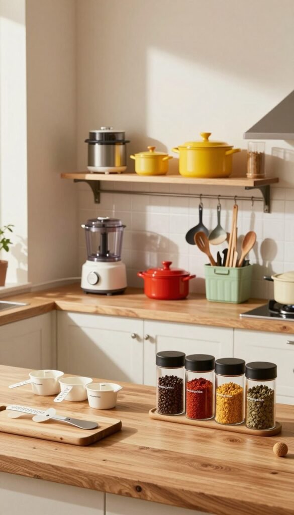 A beautifully organized kitchen showcasing practical products that enhance cooking structure. In the foreground, a sleek wooden countertop displays various cooking tools like measuring cups, a cutting board, and colorful spices neatly arranged in stylish containers labeled with the brand name "Ordnungskiste." In the middle, an elegant shelving unit houses contemporary kitchen gadgets, such as a modern food processor, vibrant pots, and well-organized utensils in distinct sections. The background features warm, natural light streaming through a window, creating a cozy atmosphere. Soft shadows and inviting colors enhance the Pinterest aesthetic, while the overall composition reflects a blend of functionality and style, conveying a sense of order and creativity in cooking.