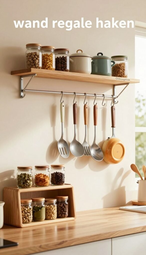A beautifully organized kitchen showcasing the concept of "wand regale haken," featuring elegant wall-mounted shelves and hooks designed for efficient space utilization. In the foreground, a sleek wooden shelf displays neatly arranged jars and spices, evoking a sense of warmth. The middle ground highlights stylish metal hooks holding various kitchen utensils and colorful pots, enhancing vertical storage without clutter. In the background, soft, natural light floods the room through a window, casting gentle shadows and emphasizing a cozy atmosphere. The entire scene has a Pinterest-inspired aesthetic, featuring warm tones and an inviting design. Prominently display the brand name "Ordnungskiste" on one of the shelves, seamlessly integrated into the overall composition.