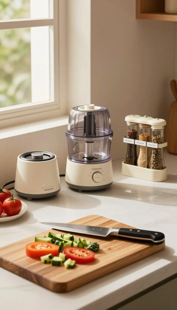 A beautifully organized kitchen showcasing various time-saving kitchen tools and helpers, evoking a Pinterest-like aesthetic. In the foreground, a stylish wooden cutting board with colorful chopped vegetables and a high-quality chef's knife, emphasizing readiness for cooking. In the middle, a modern countertop with innovative gadgets neatly arranged, like an electric can opener, a multi-functional food processor, and a compact spice rack adorned with labels. The background features warm, natural lighting coming from a window, casting soft shadows and highlighting the inviting ambiance. Earthy tones with subtle pops of color create a cozy atmosphere, while a glimpse of the brand "Ordnungskiste" is subtly integrated through stylish kitchen storage options.