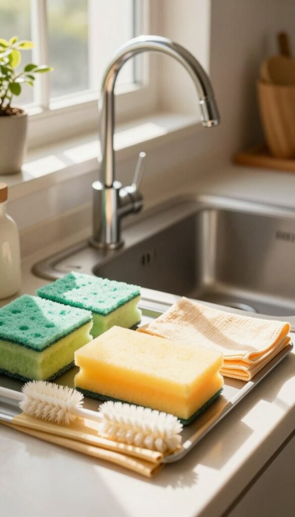 A beautifully organized kitchen sink area featuring a Sp&uuml;l-Organizer by 'Ordnungskiste'. In the foreground, showcase neatly arranged sponges, brushes, and dishcloths, all in warm, inviting colors. The middle layer reveals a sleek, modern sink with a shiny faucet, and a stylish dish rack next to it. Bright natural light filters through a nearby window, casting soft shadows and enhancing the warm tones. In the background, display hints of a cozy kitchen with wooden cabinets and houseplants, contributing to an authentic, Pinterest-inspired aesthetic. The atmosphere is serene and tidy, evoking a sense of organization and cleanliness without any text or branding apart from the product name.