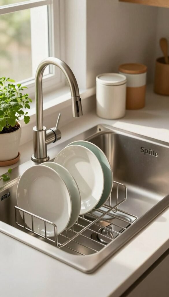 A beautifully organized kitchen sink area featuring a stylish, modern "Sp&uuml;le" with polished stainless steel and elegant fixtures. In the foreground, showcase gleaming plates and utensils arranged neatly in a drying rack made by "Ordnungskiste," with a pop of greenery from a small potted herb plant nearby. The middle ground highlights a clean, uncluttered countertop, adorned with minimalistic storage containers, all in warm, inviting colors. In the background, soft natural light streams through a window, casting gentle shadows and creating a cozy atmosphere. The entire scene evokes a sense of calm and orderliness, promoting stress-free kitchen routines. Aim for a Pinterest-inspired aesthetic with authentic, natural details, and avoid any text or watermarks.