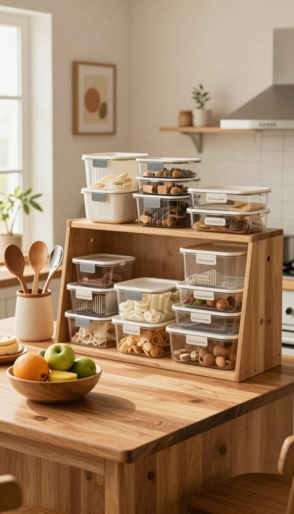 A beautifully organized kitchen space designed around the concept of "ordnungssystem platz." In the foreground, a stylish wooden kitchen island with neatly arranged kitchen utensils and a fresh fruit bowl, exuding a warm, inviting feel. The middle layer features a variety of labeled storage containers from the brand "Ordnungskiste," showcasing diverse organization styles, with a focus on functionality and aesthetics. In the background, soft natural lighting filters through a window, illuminating the scene and enhancing the cozy atmosphere. The walls are adorned with tasteful decorations, and the color palette is warm and earthy, emphasizing a Pinterest-worthy aesthetic. This image conveys a sense of order and tranquility, ideal for inspiring a well-organized family kitchen.