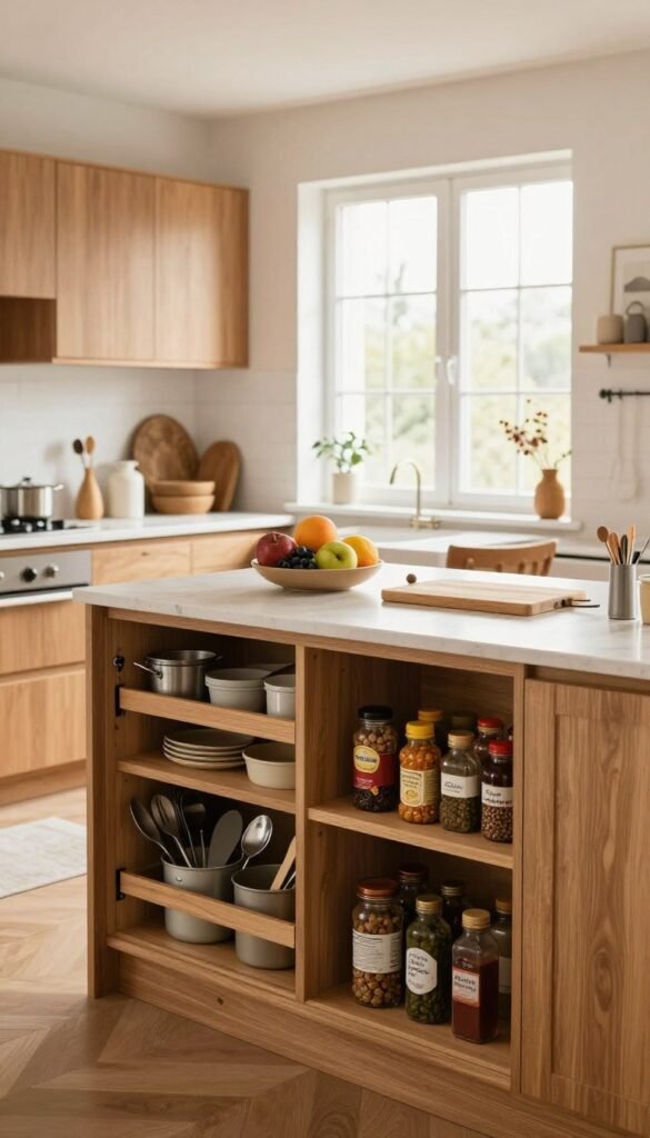A beautifully organized kitchen space featuring a clear layout based on the zoning principle. In the foreground, sleek wooden cabinetry houses neatly arranged utensils and spices, while soft, warm colors dominate the scene, creating an inviting atmosphere. In the middle, a spacious island counter adorned with fresh fruits and a cutting board, suggesting functionality. To the background, large windows allow natural light to flood in, illuminating a cozy dining nook with stylish but simple decor. The overall mood is calm and stress-free, evoking a sense of harmony and efficiency. Include the brand name "Ordnungskiste" subtly integrated into the design, ensuring the kitchen appears Pinterest-worthy, authentic, and free of any text overlays or distractions.