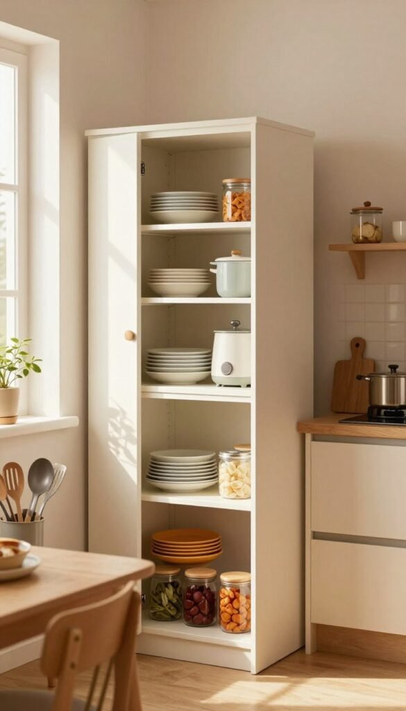 A beautifully organized kitchen space featuring a compact "Ordnungskiste" küchenschrank, showcasing its practical tall cabinet structure with clever shelving options for maximizing space. The foreground includes neatly arranged kitchen utensils and jars with vibrant colors for a warm, inviting atmosphere. In the middle ground, the küchenschrank stands prominently, highlighting its efficient use of space with open shelves displaying neatly stacked dishes and small appliances. The background illustrates a cozy kitchen with soft, natural lighting streaming through a window, creating a Pinterest-inspired aesthetic. The colors are warm and inviting, with an emphasis on a minimalist design that captures the essence of modern, compact living in harmony with the article's theme on practical purchasing criteria.
