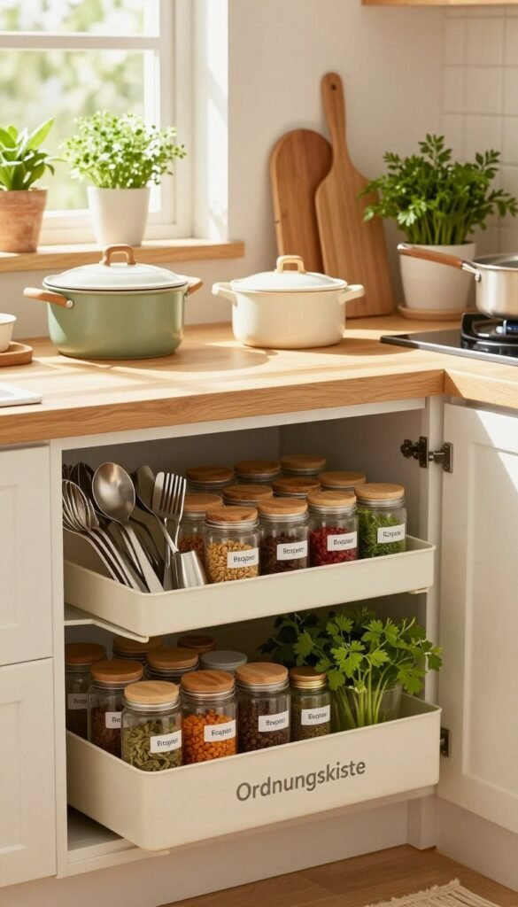 A beautifully organized kitchen space featuring a variety of storage solutions designed to enhance cooking efficiency. In the foreground, a stylish "Ordnungskiste" displayed prominently, filled with utensils, and neatly labeled jars for spices and herbs. The middle ground reveals neatly arranged pots, pans, and cooking tools, showcasing a clear and accessible layout that invites creativity. In the background, warm sunlight filters through a window, casting gentle shadows and creating a cozy atmosphere. Soft wooden textures and vibrant greenery from potted herbs add a natural touch to the scene. The overall mood is inviting and inspiring, embodying a Pinterest-worthy aesthetic that emphasizes warmth and practicality in kitchen organization.