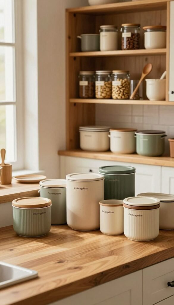 A beautifully organized kitchen space featuring a variety of stylish "Ordnungskiste" storage solutions. In the foreground, showcase an elegant wooden countertop with several practical containers neatly arranged, displaying a harmonious blend of colors and textures. In the middle ground, feature open shelves stocked with neatly labeled jars and utensils, illustrating optimal use of space. The background should present a glimpse of a well-organized cabinet, with pull-out drawers and an orderly layout. The scene is illuminated by warm, natural light coming through a nearby window, creating a cozy and inviting atmosphere. The overall mood conveys tranquility and efficiency, embodying a Pinterest-worthy aesthetic of a clutter-free cooking environment, with no text or distractions in the image.