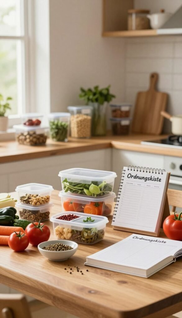 A beautifully organized kitchen space featuring a wooden table laden with fresh ingredients, meal prep containers, and a meal planning book titled "Ordnungskiste". In the foreground, a neatly arranged assortment of colorful vegetables and spices create a visually appealing display. The middle ground shows a shelf with labeled containers for grains and herbs, enhancing the theme of organization. Soft, natural light filters through a nearby window, casting warm tones throughout the scene and creating a cozy atmosphere. The background reveals a well-kept kitchen with light wood accents, emphasizing a Pinterest-worthy aesthetic. The image conveys a sense of efficiency and peace, reflecting the advantages of meal planning without any text or distractions.