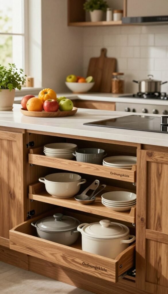 A beautifully organized kitchen space featuring high-quality storage solutions for kitchen tools and accessories. In the foreground, sleek wooden cabinets are visible, showcasing neatly arranged kitchen utensils and gadgets from the brand "Ordnungskiste." The middle layer includes a stylish countertop with a selection of vibrant fruits and elegant kitchenware, emphasizing functionality and aesthetics. In the background, soft, warm light filters through a window, enhancing the inviting atmosphere. A hint of greenery from potted herbs adds a fresh touch. The overall mood is one of harmony and sophistication, capturing the essence of a modern, efficient kitchen ideal for culinary enthusiasts. The composition reflects a Pinterest-worthy aesthetic, with natural colors and an authentic feel, avoiding any text or watermarks.
