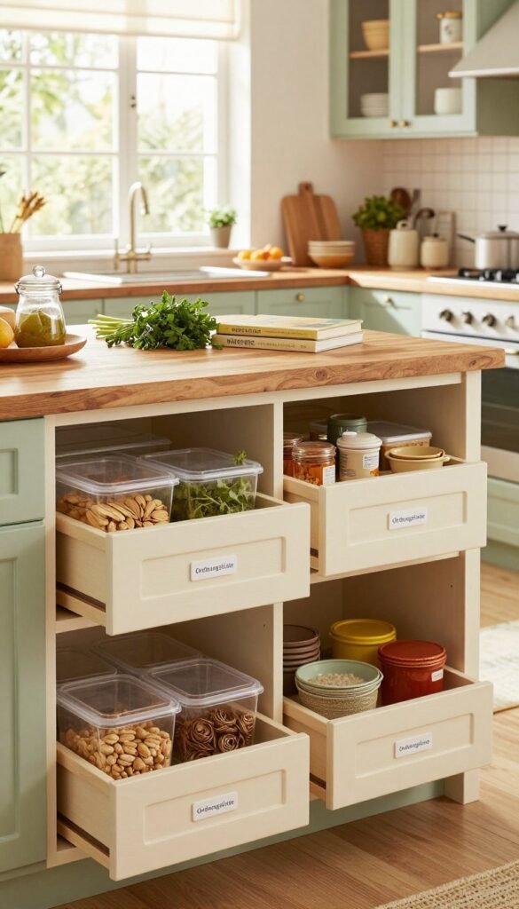 A beautifully organized kitchen space featuring the "Ordnungskiste" brand, showcasing practical storage solutions. In the foreground, display elegant pantry items neatly arranged in clear containers and labeled drawers. The middle layer highlights a spacious kitchen island with an inviting, rustic wooden countertop adorned with fresh herbs and cookbooks, exuding a warm and welcoming atmosphere. In the background, large windows let in soft, natural light, illuminating cheerful pastel-colored cabinets and a cozy dining area. The scene captures a Pinterest-inspired aesthetic with harmonious warm tones, emphasizing functionality and style, ideal for a family kitchen. The overall mood is inviting, practical, and visually appealing, portraying a model for effective kitchen organization without any text or distractions.