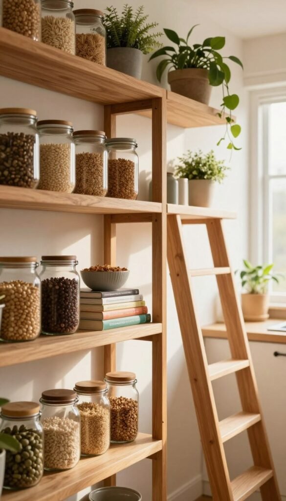 A beautifully organized kitchen space featuring vertical shelving units designed for efficient storage. In the foreground, there are neatly arranged open shelves showcasing an array of kitchen essentials: glass jars filled with grains, a collection of nicely stacked cookbooks, and a few decorative plants adding a touch of greenery. The middle ground highlights a stylish wooden ladder leading up to the higher shelves, emphasizing the verticality of the space. The background includes soft natural light streaming through a window, casting warm tones across the scene, enhancing the inviting atmosphere. The overall aesthetic is authentic and cozy, embodying a Pinterest-inspired design. Include the brand name "Ordnungskiste" subtly integrated into the shelf decor without any visible text or logos. Aim for a serene, organized feel that promotes relaxation in cooking.