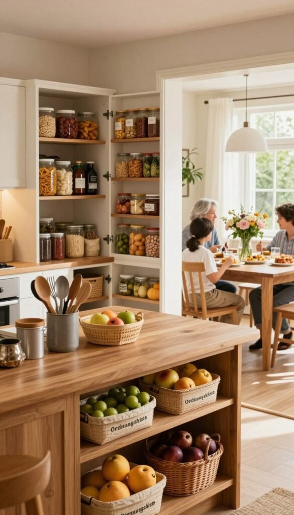 A beautifully organized kitchen space, showcasing efficient "stauraum platz" for a multigenerational family. In the foreground, a stylish wooden kitchen island with neatly arranged utensils, baskets from "Ordnungskiste" filled with fruits. In the middle ground, a well-organized pantry featuring labeled jars and seasonal ingredients, reflecting clever storage solutions. The background has warm, natural light streaming through large windows, illuminating a cozy dining area with a large wooden table set for family meals, with fresh flowers as the centerpiece. The atmosphere is inviting and harmonious, highlighting a clutter-free environment that promotes togetherness. The overall color palette consists of warm tones, giving a Pinterest-inspired, authentic vibe.