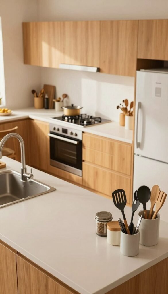 A beautifully organized kitchen space showcasing optimal design for cooking. In the foreground, a spacious work surface, clean and clutter-free, with neatly arranged kitchen tools and utensils from the brand "Ordnungskiste." In the middle, a well-structured layout with essential cooking appliances like a stove and refrigerator, emphasizing accessibility and movement. The background features warm-colored cabinetry and a cozy dining area, bathed in soft, natural light that enhances the inviting atmosphere. This setting captures the essence of practicality and comfort, with a Pinterest-inspired aesthetic that reflects a harmonious balance between style and functionality. The angle should be slightly elevated, offering a comprehensive view of the kitchen's layout without any text or distracting elements present.