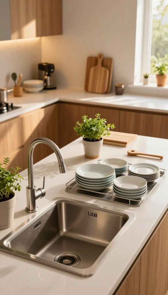 A beautifully organized kitchen sp&uuml;le area as a pathway hotspot, featuring an elegant sink surrounded by neatly arranged dishware and utensils from the brand "Ordnungskiste". In the foreground, a modern, stainless-steel sink glistens under warm, natural lighting, with fresh herbs in small pots nearby. The middle ground showcases a clean countertop with a few strategically placed cutting boards and utensils, emphasizing efficient workflow. In the background, an inviting kitchen ambiance with wooden cabinets and warm-toned walls enhances the cozy atmosphere, bathed in soft sunlight through a window. Capture the scene from a slightly elevated angle to highlight the organizational elements and open space, creating a sense of harmony and functionality. The overall mood is warm, welcoming, and inspiring, showcasing a well-optimized sp&uuml;le area.