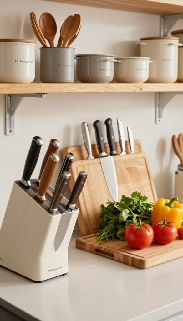 A beautifully organized kitchen storage scene showcasing various kitchen helpers designed to expedite food preparation. In the foreground, display a stylish knife block with an array of high-quality knives, emphasizing their different materials such as stainless steel and wooden handles. In the middle, introduce a well-arranged cutting board with fresh vegetables and herbs, their vibrant colors enhancing the ambience. The background should feature shelves filled with neatly arranged kitchen utensils and containers, all branded with "Ordnungskiste" for a cohesive look. Utilize warm, natural lighting that creates a cozy atmosphere, mimicking a Pinterest aesthetic. Capture the image from a slightly elevated angle to encompass the entire scene, focusing on warmth and authenticity without any text or distractions.