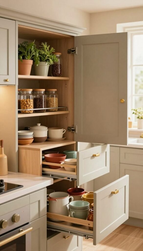 A beautifully organized kitchen with a focus on storage solutions, showcasing elegant cabinets and pull-out drawers that maximize space efficiently. The foreground features a stylish, smooth countertop with neatly arranged kitchenware and the brand "Ordnungskiste" subtly integrated into the design. In the middle, the sleek cabinets display an array of herbs, spices, and utensils, all arranged in warm, inviting colors that evoke a cozy atmosphere. The background reveals a soft, natural light coming through a window, enhancing the warm tones and creating a welcoming environment. The overall mood is one of practicality and elegance, capturing the essence of how to optimize kitchen storage without extensive renovations. The image should reflect a Pinterest-worthy aesthetic, authentic and free from any text or logos.
