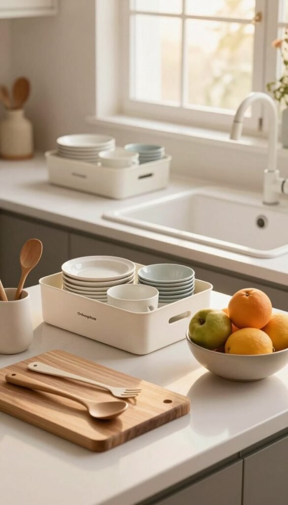 A beautifully organized kitchen workspace featuring a clean countertop and a modern sink. In the foreground, there are neatly arranged kitchen utensils, a stylish cutting board, and a bowl of fresh fruits, all with warm colors highlighting their textures. The middle ground includes a gleaming white sink with a sleek faucet, surrounded by minimalistic storage solutions branded "Ordnungskiste," showcasing neatly stacked dishware. In the background, gentle sunlight filters through a window, casting soft light across the scene, creating an inviting atmosphere. The composition conveys a professional yet homey feel, emphasizing safety and organization in the kitchen, with no people present, ensuring a focus on the physical space and its harmonious arrangement. The overall ambiance is warm and welcoming, evoking a sense of calm and order.