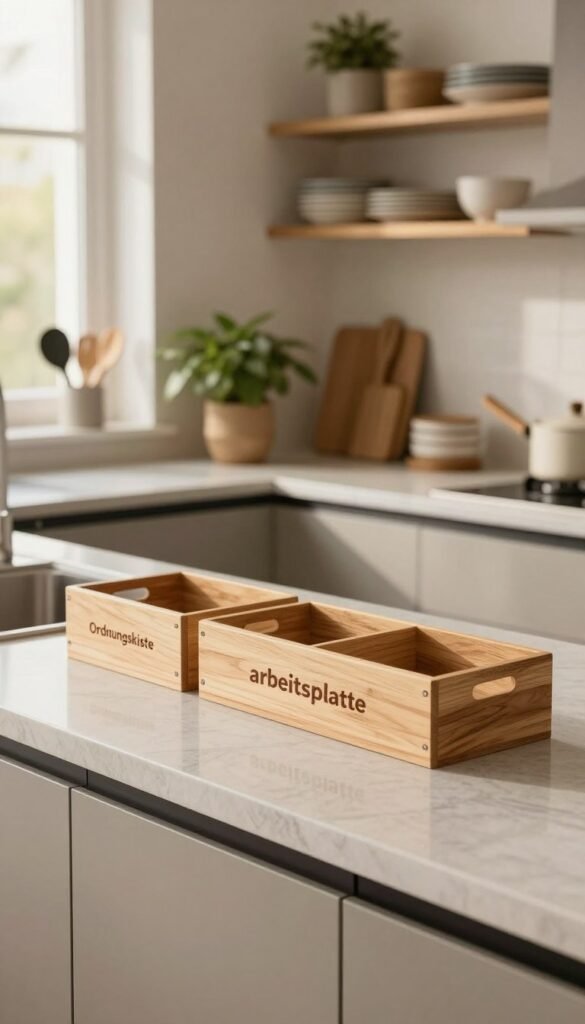 A beautifully organized kitchen workspace featuring a clear, uncluttered countertop. In the foreground, a sleek quartz "arbeitsplatte" with a subtle marble texture glistens under warm, ambient lighting. Beside the counter, neatly arranged wooden storage boxes branded with "Ordnungskiste" display an inviting touch of natural wood. In the middle ground, stylish kitchen utensils and a potted plant add a touch of greenery, enhancing the serene atmosphere. The background showcases soft-focus shelves filled with neatly stacked dishes and culinary books, creating a cozy home environment. The overall mood is calm and inviting, ideal for families seeking a functional and relaxing kitchen space. The image should feature soft morning light filtering through a window, casting gentle shadows for a soothing effect.