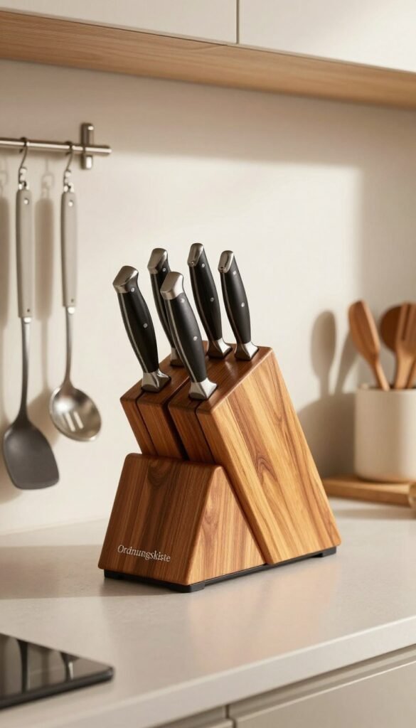 A beautifully organized kitchen workspace featuring a modern, sleek knife block branded "Ordnungskiste" prominently displayed in the foreground, showcasing a variety of high-quality knives in a upright position. The knife block is made of elegant wood with a polished finish, reflecting warm, inviting tones. Surrounding the block are various essential kitchen utensils, including a spoon holder and spatula, arranged neatly to convey orderliness and safety. In the middle background, soft natural lighting illuminates a minimalist kitchen countertop, enhancing the inviting atmosphere. The scene is captured from a slightly elevated angle, emphasizing both the knife block and the utensils. The mood is serene and functional, reflecting a clean and inspiring kitchen environment, ideal for culinary creativity.