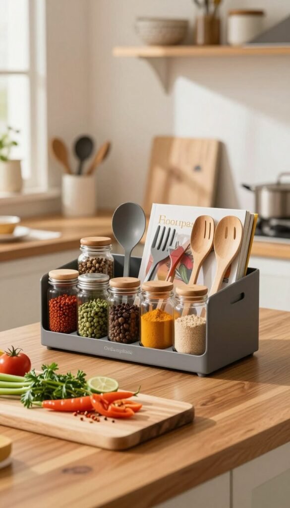 A beautifully organized kitchen workspace, featuring a sleek &ldquo;Ordnungskiste&rdquo; storage solution that showcases an array of colorful spices and cooking utensils. In the foreground, a polished wooden countertop holds a cutting board with fresh vegetables and herbs arranged in a visually appealing manner, emphasizing cook-friendly structure. The middle ground features neatly arranged kitchen gadgets and cookbooks, enhancing the theme of order and efficiency. The background is softly blurred, with warm, natural light streaming through a window, casting gentle shadows that create a calm, inviting atmosphere. The scene invokes a feeling of tranquility and inspiration, ideal for planning meals without chaos. Capture this in warm colors, ensuring a Pinterest-worthy look that feels authentic and organized, without any text or branding distractions.