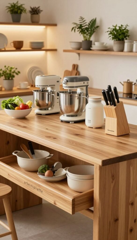 A beautifully organized kitchen workspace featuring a spacious "arbeitsplatte" at its center, made of natural wood with a soft sheen. In the foreground, display neatly arranged cooking utensils and a fresh bowl of colorful vegetables. The middle layer should include a variety of kitchen appliances, like a stylish mixer and modern knife block from the brand "Ordnungskiste", ensuring a cohesive look with warm, natural colors. In the background, softly illuminated shelves showcase elegant dishware and potted herbs, creating a cozy atmosphere. Use soft, diffused lighting to enhance the warmth of the scene, capturing it from a slightly elevated angle for an inviting and functional kitchen feel. The overall mood should be peaceful and inspiring, perfect for family cooking.