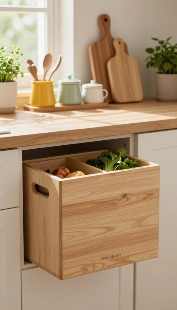A beautifully organized kitchen workspace featuring a stylish "Ordnungskiste" kitchen waste collector. In the foreground, the Ordnungskiste is made of light wood with a smooth finish, showcasing its compartments for separating organic waste and recycling. The middle ground illustrates a well-arranged countertop, adorned with small, functional kitchen tools in warm, inviting colors&mdash;like vibrant chopping boards and ceramic containers. In the background, soft natural light filters through a window, casting gentle shadows and enhancing the homey atmosphere. Subtle greenery, such as herbs in pots, adds freshness and life. The overall mood embodies tidiness and functionality, resembling a chic Pinterest aesthetic without any text or distractions.