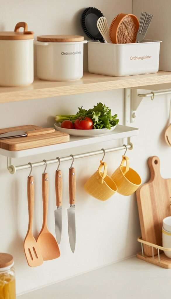 A beautifully organized kitchen workspace featuring a stylish hanging system and kitchen rails filled with essential kitchen tools and accessories. In the foreground, there are neatly arranged hanging utensils like spatulas, knives, and measuring cups in warm, inviting colors. The middle layer includes a sleek countertop with a wooden cutting board, fresh vegetables, and a modern container labeled "Ordnungskiste" holding various kitchen gadgets. The background softly fades into a cozy kitchen environment with bright, natural lighting that creates an inviting atmosphere. The scene conveys a sense of warmth and practicality, emphasizing efficiency without clutter. Use a slight overhead angle to capture the entirety of the workspace, keeping the aesthetic Pinterest-like and authentic with no text or distractions.