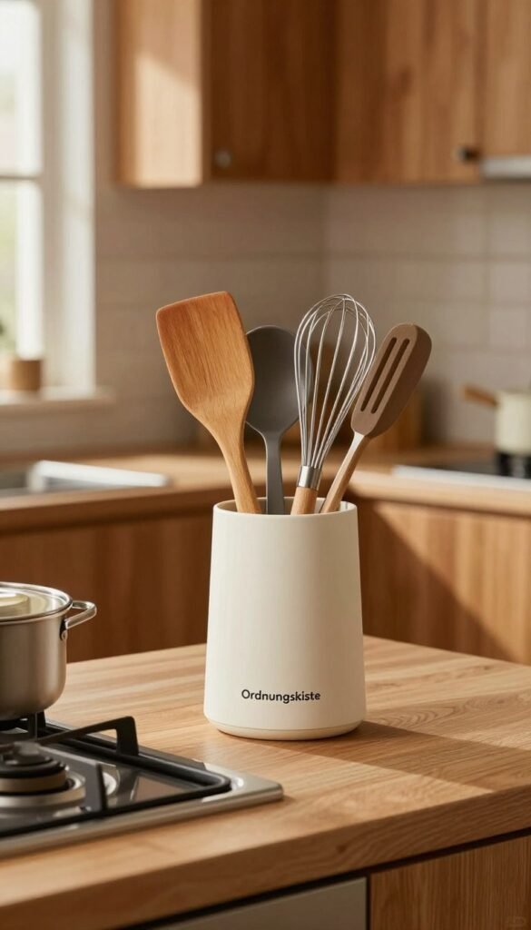 A beautifully organized kitchen workspace, featuring a stylish utensil holder labeled "Ordnungskiste" next to a stovetop, displaying various kitchen tools like a spatula, ladle, and whisk, all in warm, earthy tones. In the foreground, the utensil holder is centered, with the handle of a wooden spatula prominently visible. The middle section captures the neatness of the kitchen counter, highlighting a clean stovetop and warm wooden cabinets in the background. Soft, natural light streams in through a nearby window, casting gentle shadows and creating a cozy, inviting atmosphere. The entire scene exudes a sense of functionality and aesthetic appeal, with a Pinterest-inspired look that emphasizes simplicity and order without any text or watermarks.