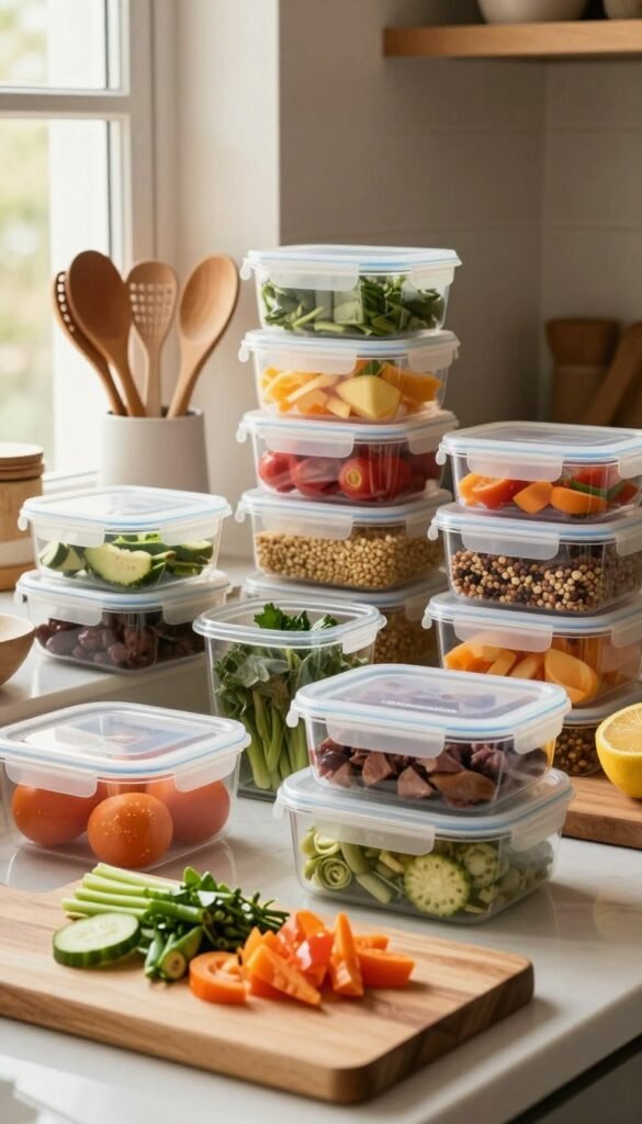 A beautifully organized kitchen workspace featuring a variety of meal prep dishes arranged neatly in transparent containers, showcasing colorful vegetables, grains, and proteins. In the foreground, a wooden cutting board with freshly chopped ingredients, emphasizing a healthy lifestyle. The middle layer includes a stack of containers labeled for easy identification, surrounded by kitchen utensils like measuring cups and wooden spoons. In the background, soft, warm lighting illuminates the scene through a window, casting a natural glow that enhances the earthy tones of the ingredients. The atmosphere is serene and inviting, encouraging home cooks to embrace meal prepping. The brand name "Ordnungskiste" subtly displayed on the containers reflects an emphasis on organization. The composition has a Pinterest-inspired aesthetic, blending functionality with warmth and authenticity.