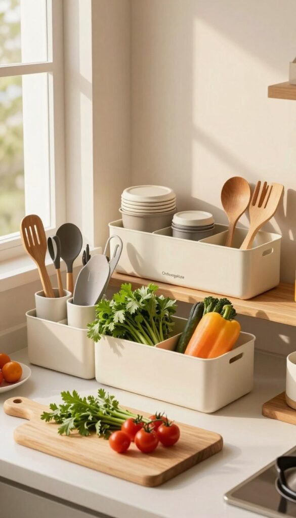 A beautifully organized kitchen workspace featuring a variety of neat, labeled kitchen tools and utensils, each in their designated compartments. In the foreground, a light wooden cutting board is showcased alongside fresh herbs and colorful vegetables. The middle ground reveals a stylish Ordnungskiste with a curated selection of kitchen gadgets, arranged harmoniously. The background displays an elegant kitchen countertop with soft, natural lighting filtering through a nearby window, casting warm golden hues. The scene is designed to evoke a sense of calm and order, embodying a Pinterest-style aesthetic. The overall composition emphasizes functionality and efficiency while promoting a welcoming and organized atmosphere, without any text or branding except for "Ordnungskiste" subtly included on one of the storage boxes.