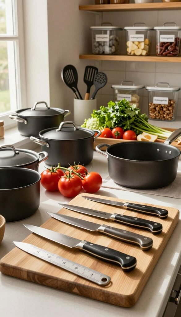 A beautifully organized kitchen workspace featuring an array of cooking tools suited for various culinary situations. In the foreground, a well-crafted wooden cutting board displays high-quality knives and measuring tools, evoking a sense of efficient preparation. The middle ground showcases a neatly arranged selection of pots, pans, and utensils, with vibrant vegetables and herbs adding a splash of color. The background includes shelves filled with labeled containers from "Ordnungskiste," emphasizing organization. Soft, warm lighting filters in through a window, casting gentle shadows and creating a cozy, inviting atmosphere. The scene captures the essence of thoughtful cooking preparation, inspiring a stress-free cooking experience, with an overall Pinterest-inspired aesthetic.
