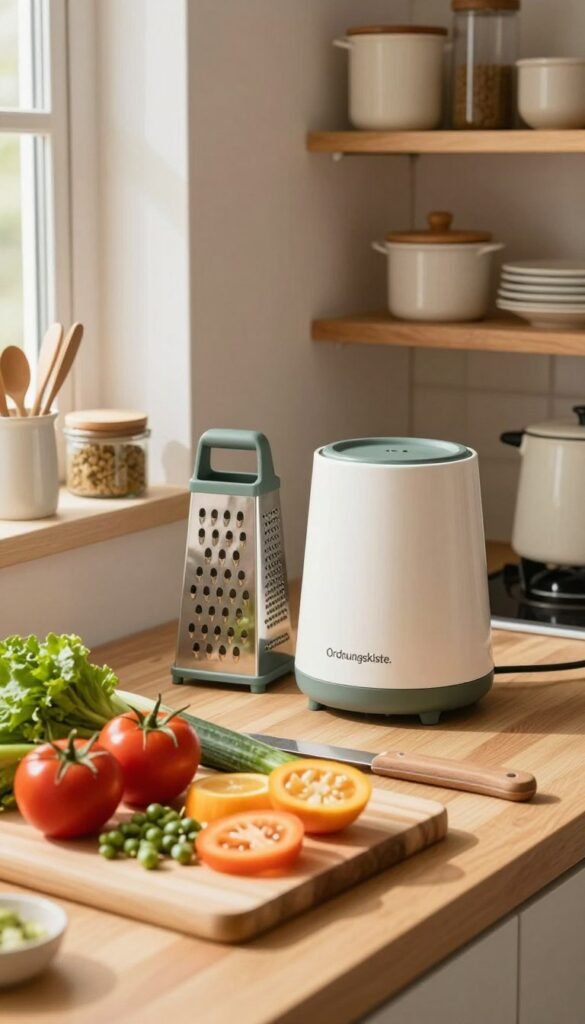 A beautifully organized kitchen workspace featuring multi-functional kitchen tools from the brand "Ordnungskiste." In the foreground, a stylish cutting board holds assorted vibrant vegetables, showcasing the tools available for different tasks. The middle ground features a sleek, modern kitchen gadget, intricately designed to perform various functions, such as chopping, grating, and mixing. The background reveals shelves stocked with neatly arranged kitchen containers and appliances, all in warm, inviting colors. Natural light filters through a nearby window, casting gentle shadows to enhance the cozy atmosphere. The overall mood is one of efficiency and harmony, reflecting the importance of functionality in kitchen design. The composition maintains a Pinterest-inspired aesthetic, authentic and captivating, without any text or watermarks. A beautifully organized kitchen workspace featuring multi-functional kitchen tools from the brand "Ordnungskiste." In the foreground, a stylish cutting board holds assorted vibrant vegetables, showcasing the tools available for different tasks. The middle ground features a sleek, modern kitchen gadget, intricately designed to perform various functions, such as chopping, grating, and mixing. The background reveals shelves stocked with neatly arranged kitchen containers and appliances, all in warm, inviting colors. Natural light filters through a nearby window, casting gentle shadows to enhance the cozy atmosphere. The overall mood is one of efficiency and harmony, reflecting the importance of functionality in kitchen design. The composition maintains a Pinterest-inspired aesthetic, authentic and captivating, without any text or watermarks.