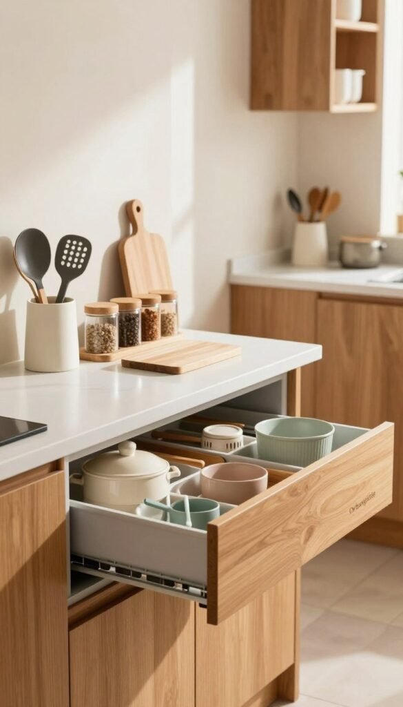 A beautifully organized kitchen workspace featuring stylish and functional storage solutions from the brand "Ordnungskiste". In the foreground, a pristine countertop adorned with neatly arranged kitchen tools, such as utensils in attractive holders, spice jars, and a compact cutting board. In the middle, a well-structured drawer slightly open, revealing an array of neatly sorted kitchen gadgets, all emphasizing efficiency and cleanliness. The background showcases a bright, airy kitchen with natural light pouring in, illuminating warm wooden cabinets and soft, neutral-colored walls. The atmosphere feels inviting and tranquil, reflecting a Pinterest-worthy aesthetic. Capture the essence of order and cleanliness with cozy warm tones, without any text or overlays.